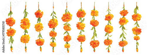 Diwali marigold flower garland hanging vertically, Indian floral festival wedding decorative watercolor set isolated on transparent background