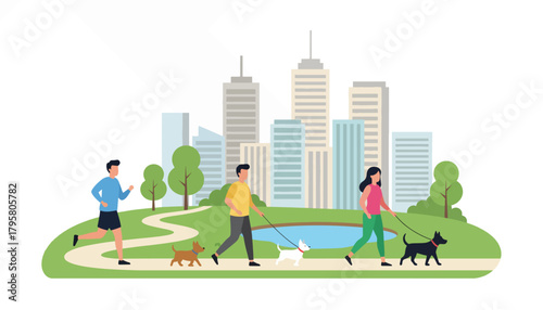 Flat vector illustration of people jogging and walking dogs in park with skyscrapers behind. Solid soft tones, no gradients, active lifestyle concept, clean urban nature scene