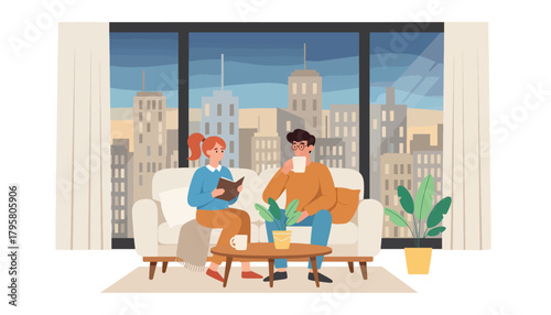 Flat vector illustration of young couple relaxing in modern apartment with skyline window view. Solid calm palette, clean layout, no gradients, cozy urban home life concept