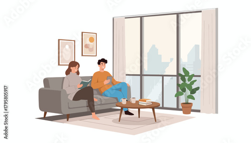Flat vector illustration of young couple relaxing in modern apartment with skyline window view. Solid calm palette, clean layout, no gradients, cozy urban home life concept