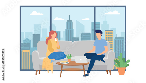 Flat vector illustration of young couple relaxing in modern apartment with skyline window view. Solid calm palette, clean layout, no gradients, cozy urban home life concept