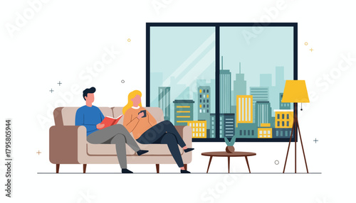 Flat vector illustration of young couple relaxing in modern apartment with skyline window view. Solid calm palette, clean layout, no gradients, cozy urban home life concept