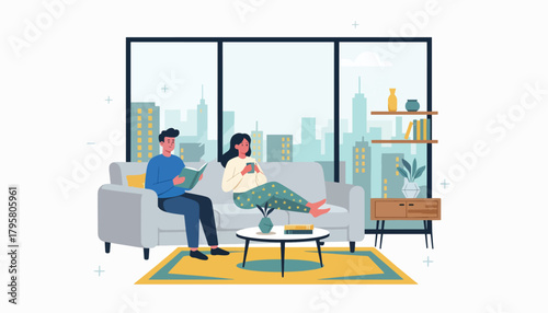 Flat vector illustration of young couple relaxing in modern apartment with skyline window view. Solid calm palette, clean layout, no gradients, cozy urban home life concept
