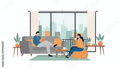Flat vector illustration of young couple relaxing in modern apartment with skyline window view. Solid calm palette, clean layout, no gradients, cozy urban home life concept