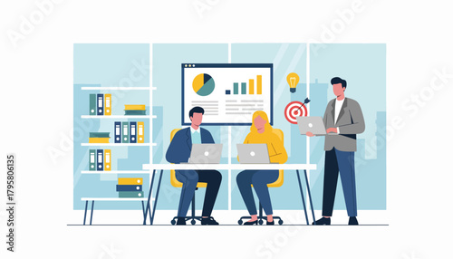 Flat vector illustration of people using laptops in shared co-working office. Solid tones, modern geometric furniture, clean perspective, no gradients, digital business lifestyle