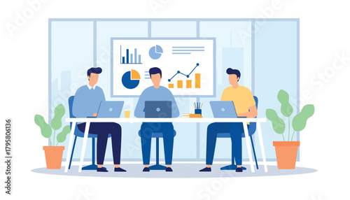 Flat vector illustration of people using laptops in shared co-working office. Solid tones, modern geometric furniture, clean perspective, no gradients, digital business lifestyle