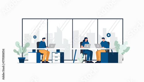Flat vector illustration of people using laptops in shared co-working office. Solid tones, modern geometric furniture, clean perspective, no gradients, digital business lifestyle
