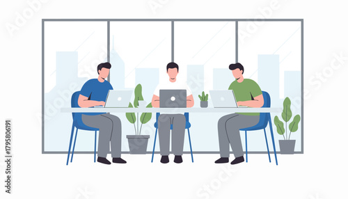 Flat vector illustration of people using laptops in shared co-working office. Solid tones, modern geometric furniture, clean perspective, no gradients, digital business lifestyle