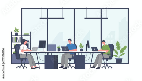 Flat vector illustration of people using laptops in shared co-working office. Solid tones, modern geometric furniture, clean perspective, no gradients, digital business lifestyle