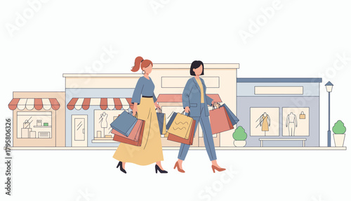 Flat vector illustration of women walking downtown carrying shopping bags. Solid pastel tones, minimal geometric layout, no gradients, modern retail lifestyle in big city