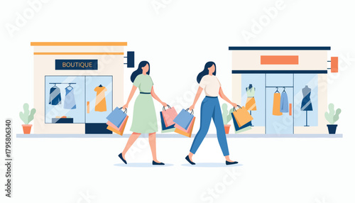 Flat vector illustration of women walking downtown carrying shopping bags. Solid pastel tones, minimal geometric layout, no gradients, modern retail lifestyle in big city
