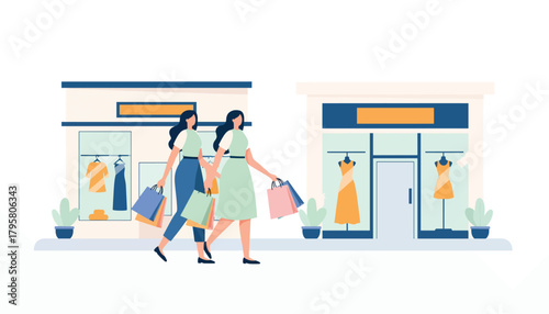 Flat vector illustration of women walking downtown carrying shopping bags. Solid pastel tones, minimal geometric layout, no gradients, modern retail lifestyle in big city
