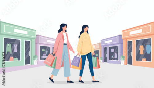 Flat vector illustration of women walking downtown carrying shopping bags. Solid pastel tones, minimal geometric layout, no gradients, modern retail lifestyle in big city