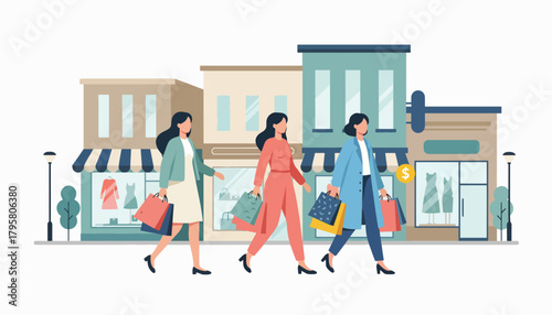 Flat vector illustration of women walking downtown carrying shopping bags. Solid pastel tones, minimal geometric layout, no gradients, modern retail lifestyle in big city