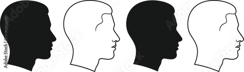 Four profile silhouettes of human heads contrasting black and white outlines