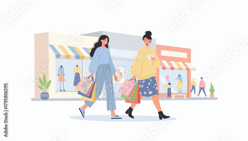 Flat vector illustration of women walking downtown carrying shopping bags. Solid pastel tones, minimal geometric layout, no gradients, modern retail lifestyle in big city