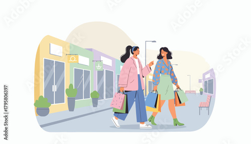 Flat vector illustration of women walking downtown carrying shopping bags. Solid pastel tones, minimal geometric layout, no gradients, modern retail lifestyle in big city