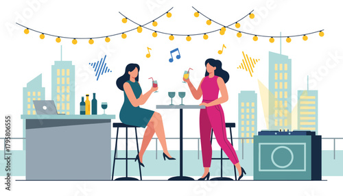 Flat vector illustration of people enjoying rooftop bar under city lights. Solid dark palette, bright highlights, no gradients, elegant nightlife illustration, modern urban vibe