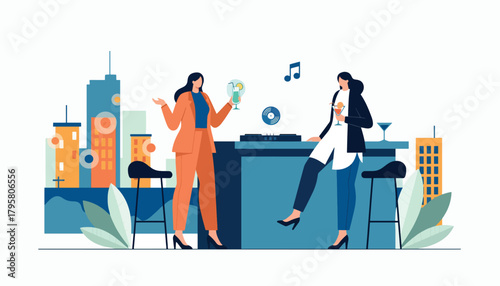 Flat vector illustration of people enjoying rooftop bar under city lights. Solid dark palette, bright highlights, no gradients, elegant nightlife illustration, modern urban vibe