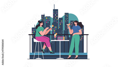 Flat vector illustration of people enjoying rooftop bar under city lights. Solid dark palette, bright highlights, no gradients, elegant nightlife illustration, modern urban vibe