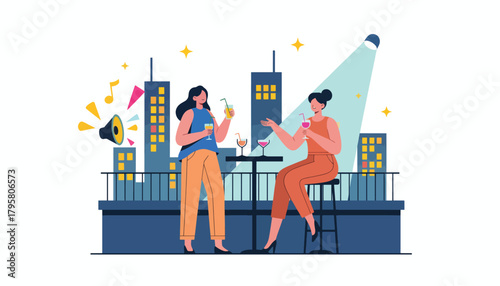 Flat vector illustration of people enjoying rooftop bar under city lights. Solid dark palette, bright highlights, no gradients, elegant nightlife illustration, modern urban vibe