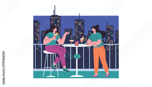 Flat vector illustration of people enjoying rooftop bar under city lights. Solid dark palette, bright highlights, no gradients, elegant nightlife illustration, modern urban vibe