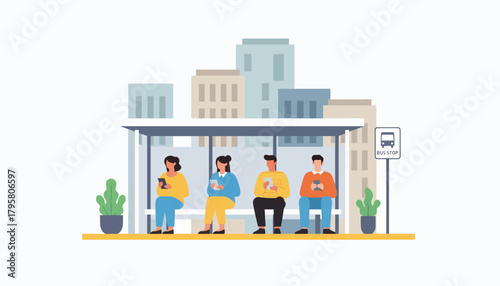 Flat vector illustration of people waiting for bus at city stop with skyscrapers behind. Solid bright palette, clean modern design, no gradients, transportation and daily life