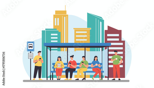 Flat vector illustration of people waiting for bus at city stop with skyscrapers behind. Solid bright palette, clean modern design, no gradients, transportation and daily life