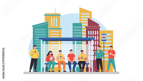 Flat vector illustration of people waiting for bus at city stop with skyscrapers behind. Solid bright palette, clean modern design, no gradients, transportation and daily life