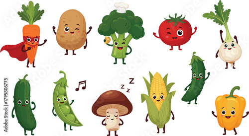 Cute cartoon vegetable characters illustration with carrot, potato, broccoli, tomato, corn, cucumber, peas, pepper, onion