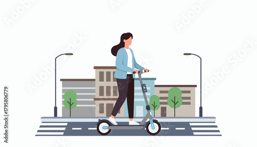 Flat vector illustration of young woman riding electric scooter through city street. Solid soft palette, clean modern lines, no gradients, urban eco-friendly mobility design
