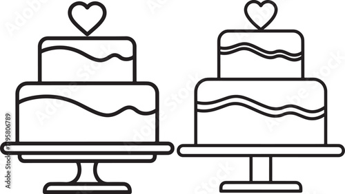 Two tiered wedding cakes with heart toppers silhouette