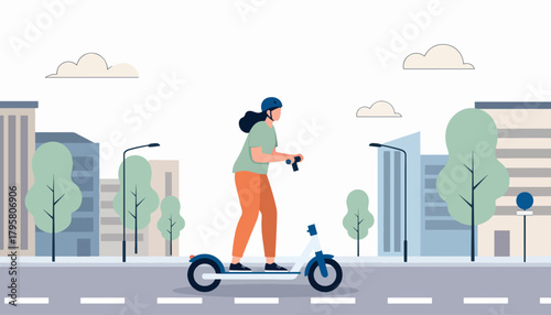 Flat vector illustration of young woman riding electric scooter through city street. Solid soft palette, clean modern lines, no gradients, urban eco-friendly mobility design