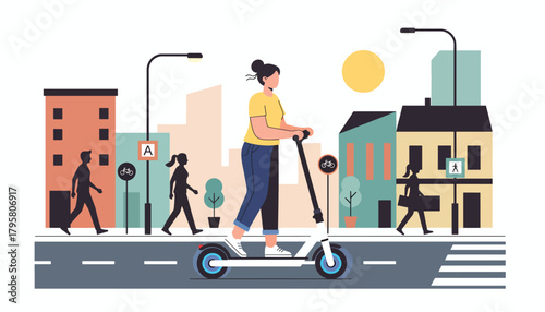 Flat vector illustration of young woman riding electric scooter through city street. Solid soft palette, clean modern lines, no gradients, urban eco-friendly mobility design