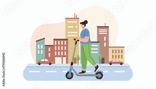 Flat vector illustration of young woman riding electric scooter through city street. Solid soft palette, clean modern lines, no gradients, urban eco-friendly mobility design