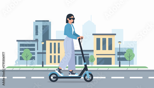 Flat vector illustration of young woman riding electric scooter through city street. Solid soft palette, clean modern lines, no gradients, urban eco-friendly mobility design