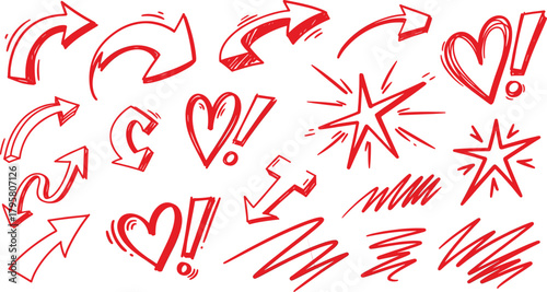 Hand drawn red arrows hearts stars doodle sketch elements for creative decoration design isolated illustration set