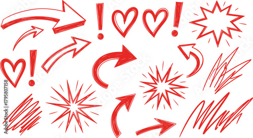 Red doodle arrows hearts exclamation marks scribbles and starburst elements for creative design decoration artwork