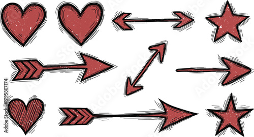 Hand drawn hearts arrows stars sketch illustration with textured style for creative design decoration elements