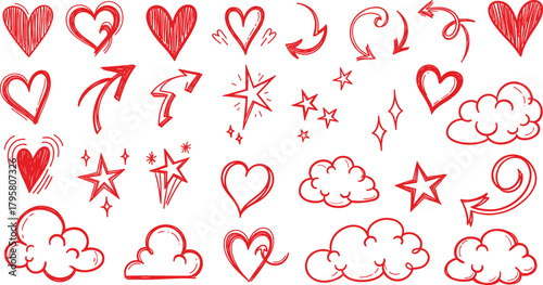 Red hand drawn doodle hearts stars arrows and clouds illustration for romantic cute decorative designs