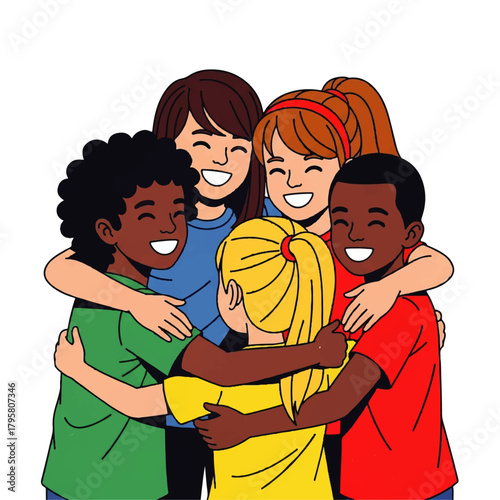 Diverse group of friends embracing in a warm, joyful group hug signifying friendship, unity, and shared celebration.