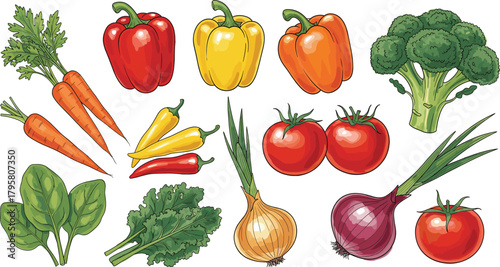 Fresh colorful vegetable illustration featuring peppers, carrots, tomatoes, onions, broccoli, spinach, kale, ideal for healthy designs