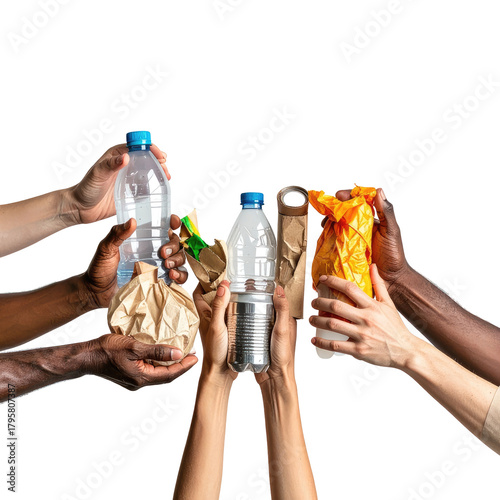 Hands holding recyclables, including plastic bottles, paper, and metal