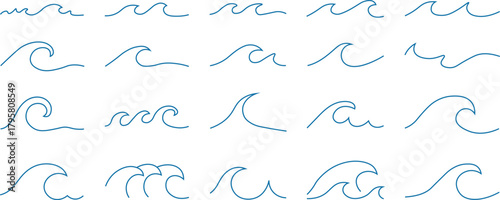 Sea line doodle icon set with waves.  Draw the outline of a water wave by hand.  Scribble aqua flow, simple curve.  Vector illustration