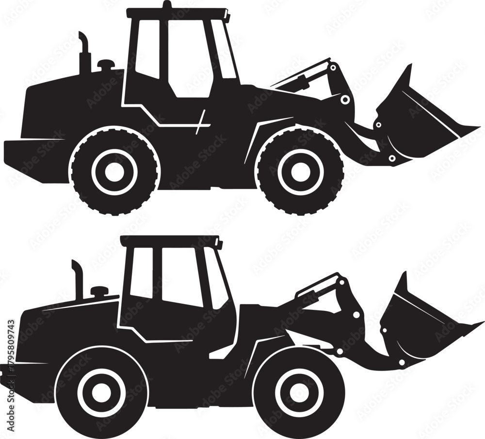 Naklejka premium Two identical black loader trucks in silhouette against white background
