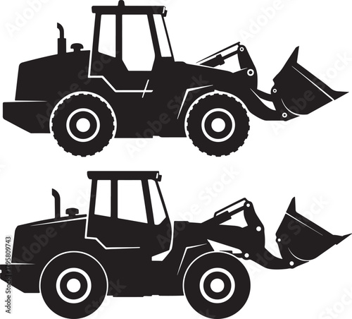 Two identical black loader trucks in silhouette against white background
