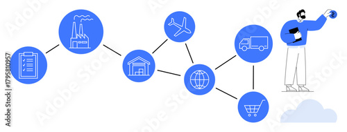 Supply chain path linking manufacturing, logistics, storage, transport, and retail features clipboard, global map, factory, and person planning. Ideal for logistics commerce planning marketing
