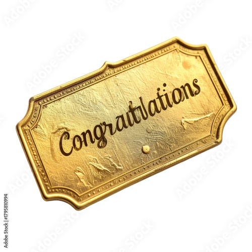 Golden engraved tag with congratulatory message isolated