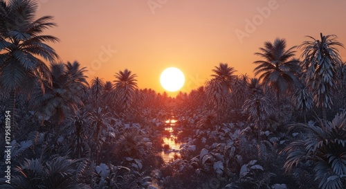 Tropical Sunset Over a River Surrounded by Palm Trees.