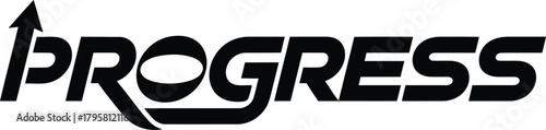 Bold black PROGRESS typography with an upward pointing arrow, symbolizing growth and forward movement. A visual metaphor for success, motivation, and innovation.